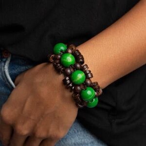 Colorful brown and green wood stretch bracelet